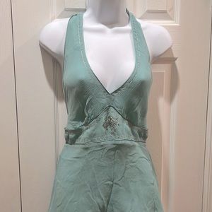 Tiffany Blue Flowy Halter Top w silver stitching / silver crystal beading work